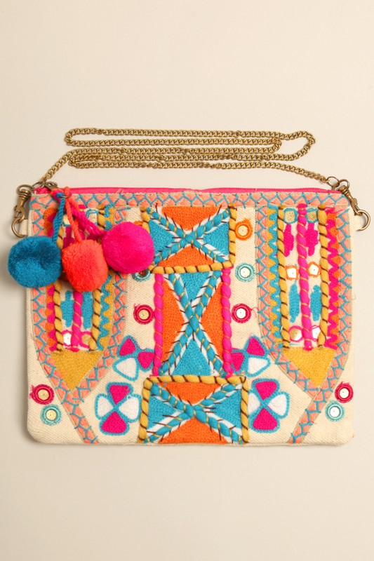 Colorful Boho Embellished Clutch with Chain